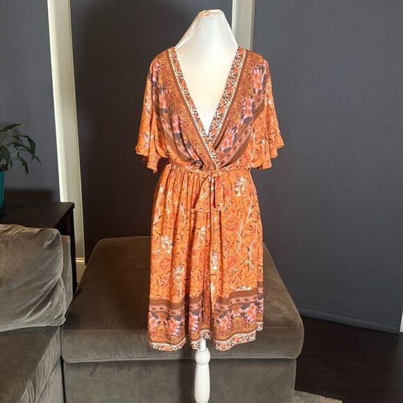 V-Neck Bohemian Orange Floral Print Short Summer Dress Cover Up Size XL NEW - Picture 3 of 13